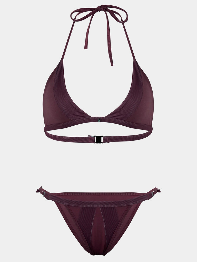 Burgundy Halter V-Neck Sleeveless Plain Backless Lace-Up Spaghetti Strap Bikinis