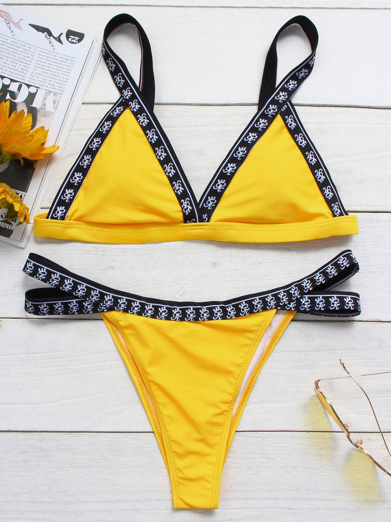 Yellow V-Neck Sleeveless Plain Spaghetti Strap Bikini Set