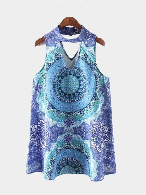 Crew Neck Sleeveless Geometrical Cut Out Mini Dresses