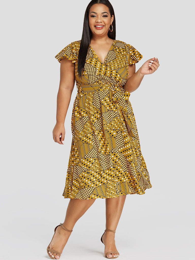 V-Neck Polka Dot Crossed Front Self-Tie Short Sleeve Yellow Plus Size Dress