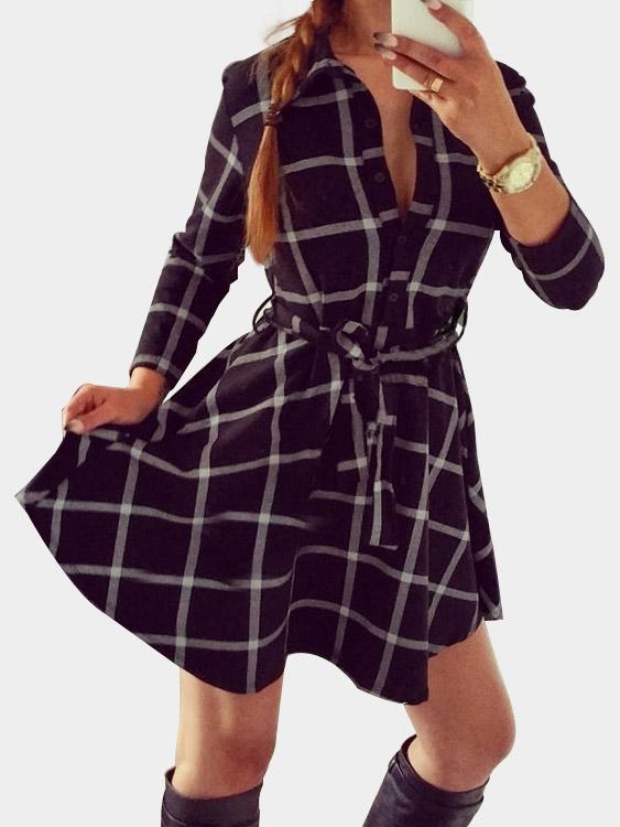 Classic Collar 3/4 Length Sleeve Grid Mini Dresses