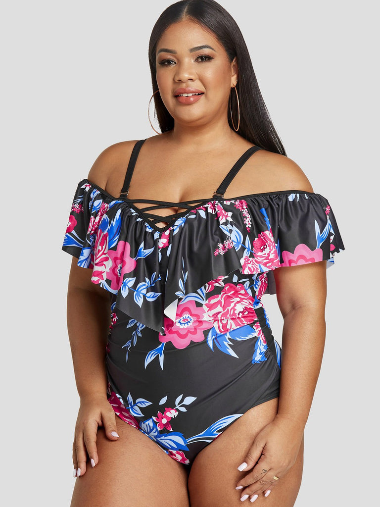 V-Neck Off The Shoulder Floral Print Lace-Up Spaghetti Strap Black Plus Size Swimwear