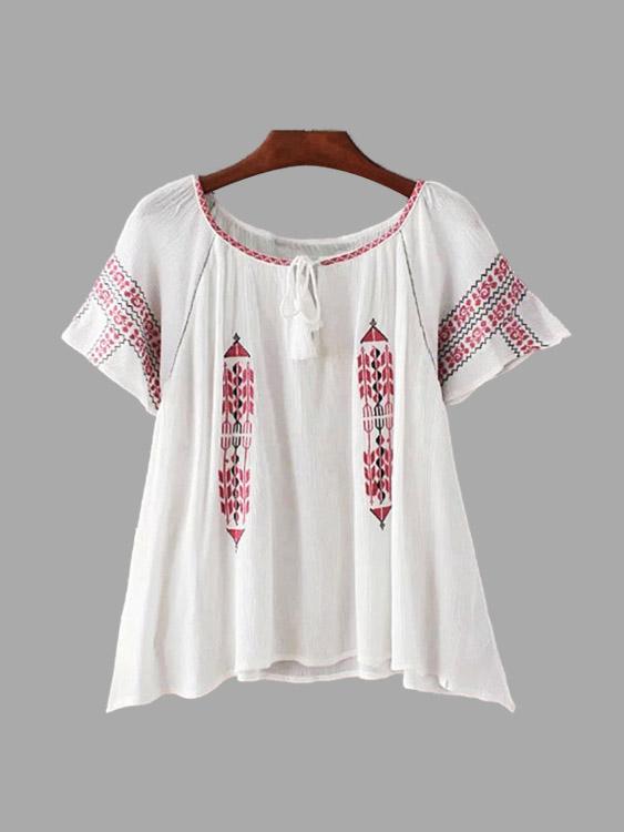 Round Neck Embroidered Tassel Short Sleeve T-Shirts