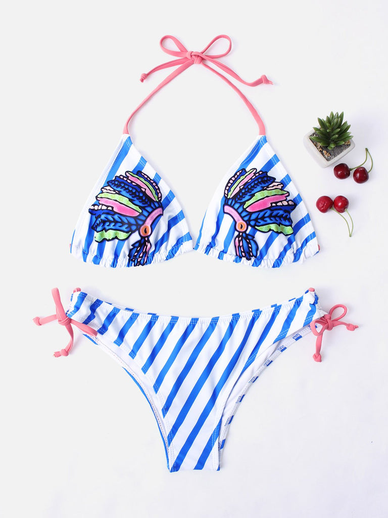 Blue Halter Sleeveless Stripe Lace-Up Two Piece Bikinis