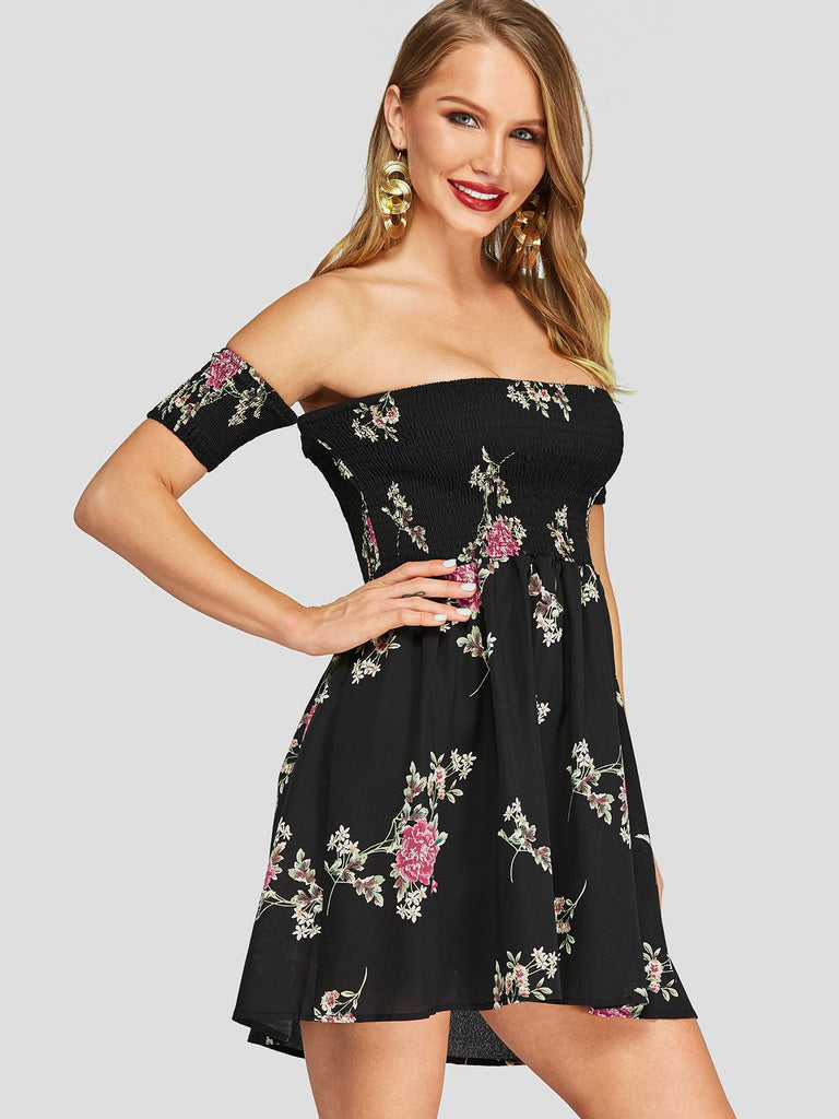 Black Off The Shoulder Short Sleeve Floral Print Mini Dress