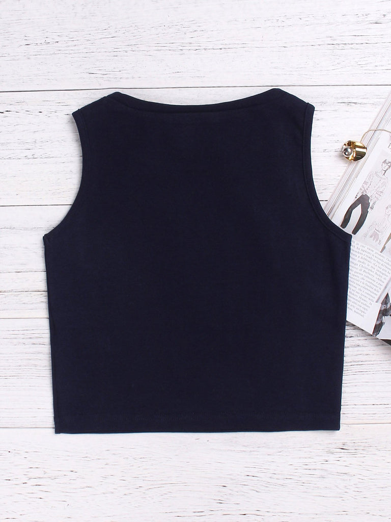 Round Neck Cut Out Sleeveless Navy Tank Top