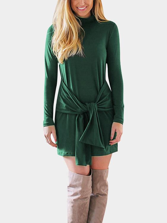 Green Crew Neck Long Sleeve Mini Dress