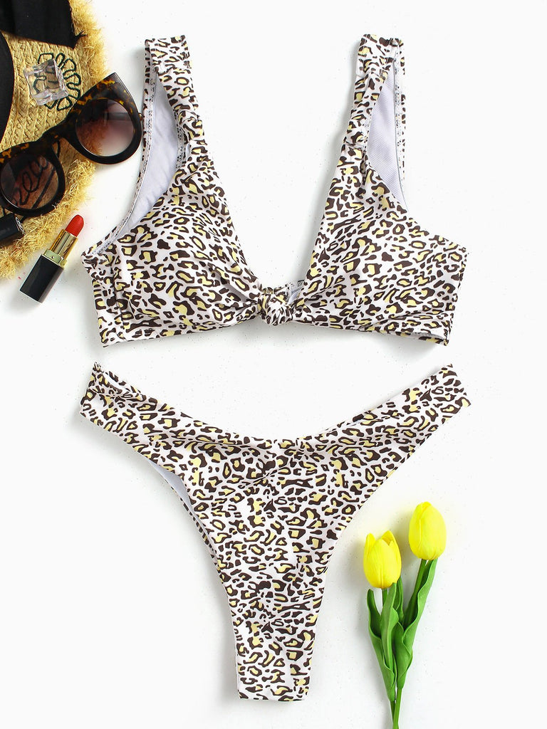 V-Neck Sleeveless Leopard Bikinis