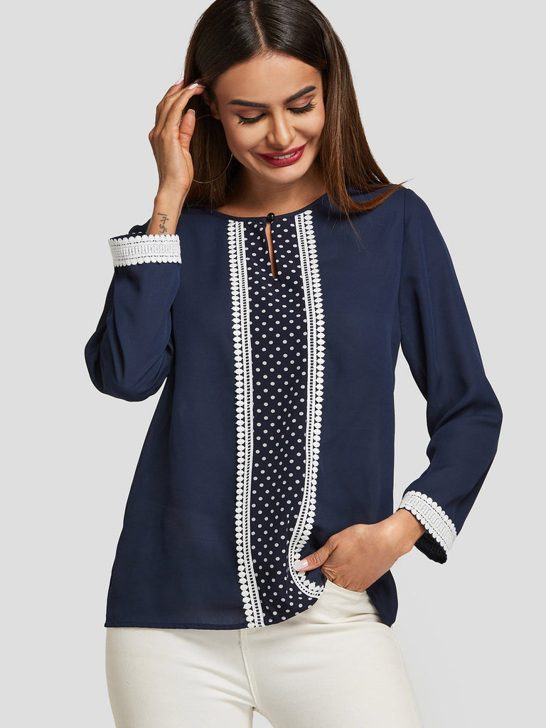 Round Neck Polka Dot Long Sleeve Navy Blouses