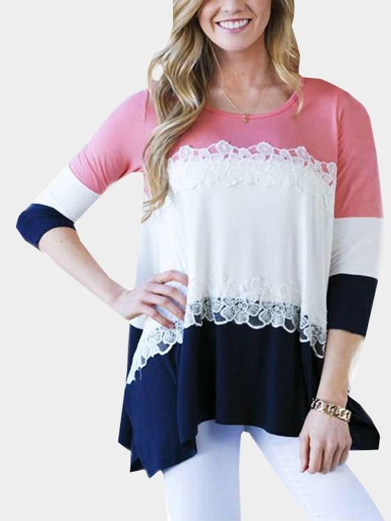 Round Neck 3/4 Sleeve Irregular Hem T-Shirts