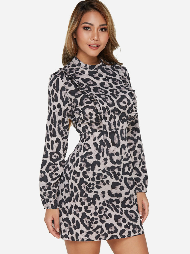 Grey Long Sleeve Leopard Mini Dress