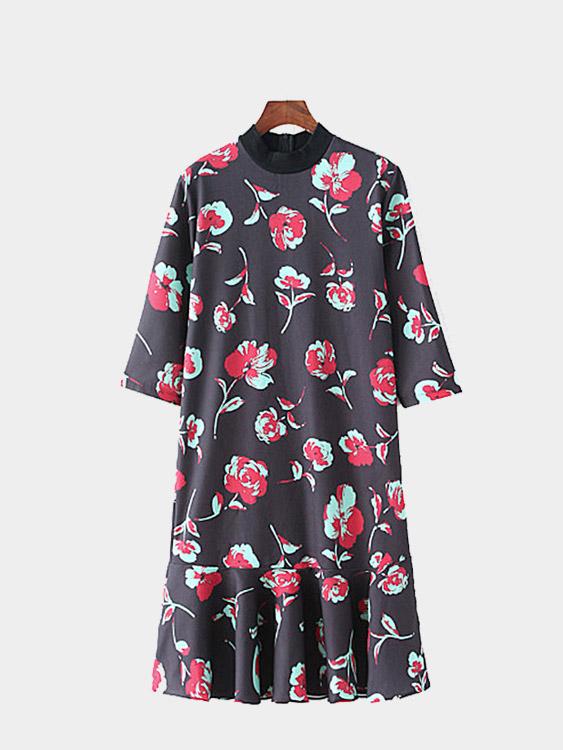 Black Crew Neck 3/4 Length Sleeve Floral Print Zip Back Flounced Hem Dresses