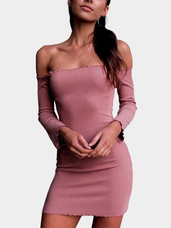 Pink Off The Shoulder Long Sleeve Plain Flounced Hem Mini Dresses