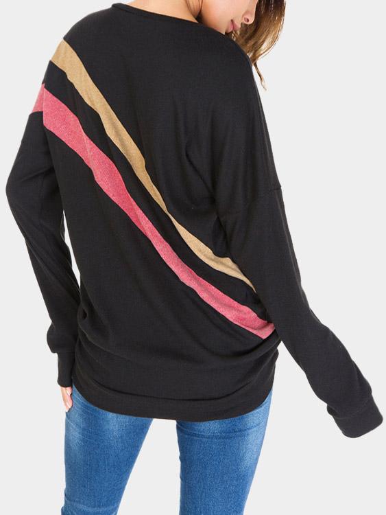 Crew Neck Stripe Long Sleeve Black T-Shirts