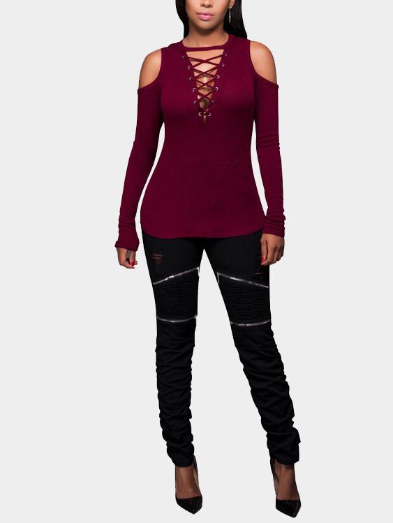 Lace-Up Long Sleeve Burgundy T-Shirts