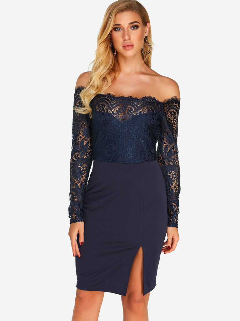 Navy Off The Shoulder Long Sleeve Lace Slit Dresses