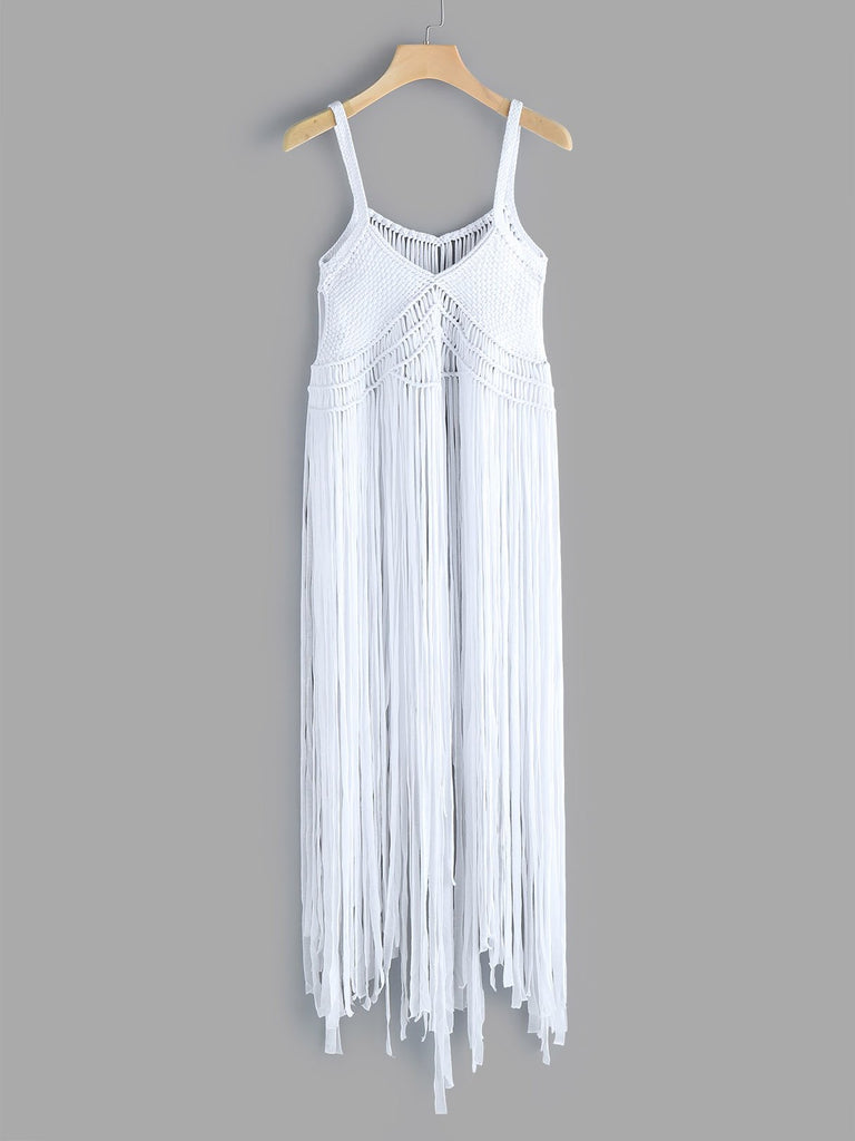 White V-Neck Sleeveless Plain Tassel Tassel Hem Cover Ups Swimwear