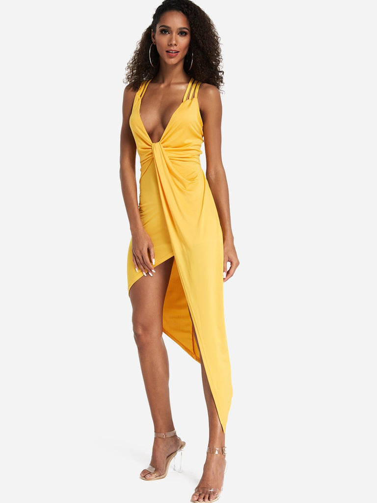 Ladies Yellow V-Neck Dresses