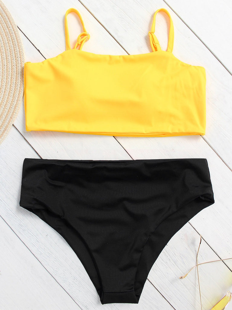 Yellow Sleeveless High-Waisted Two Piece Bikinis