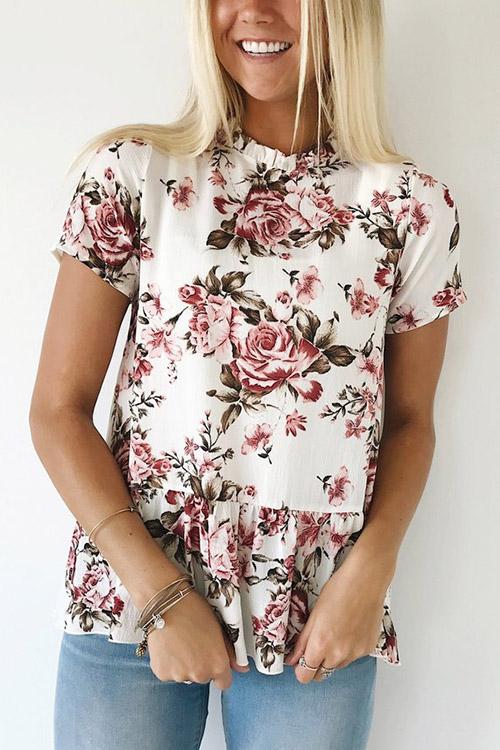 Round Neck Floral Print Short Sleeve Flounced Hem White Top