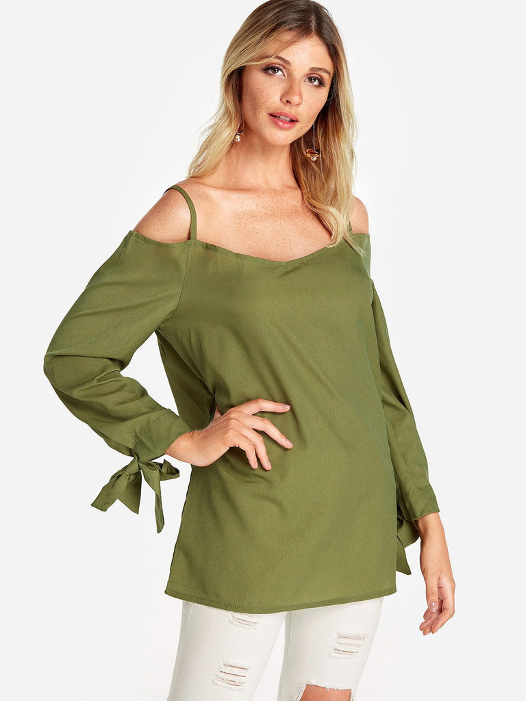 Cold Shoulder Plain Self-Tie Long Sleeve Blouses