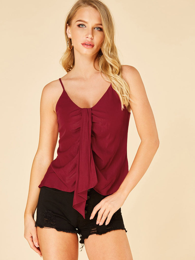 V-Neck Plain Spaghetti Strap Sleeveless Burgundy Camis