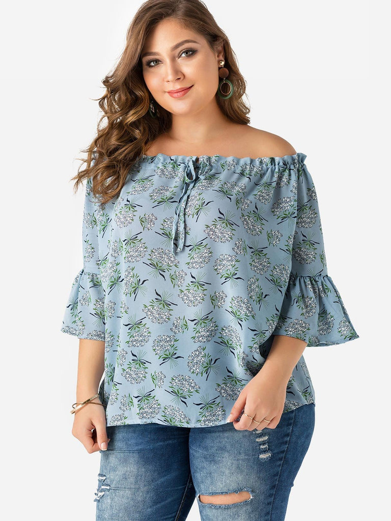 Off The Shoulder Floral Print Calico Lace-Up Half Sleeve Plus Size Tops