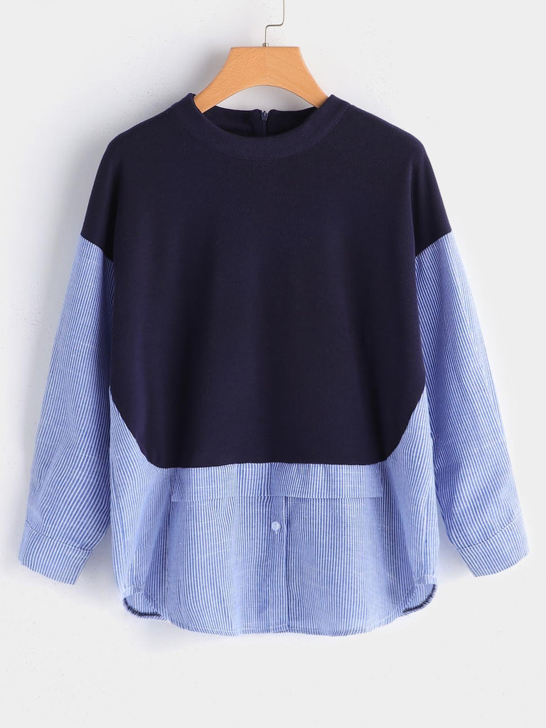 Round Neck Long Sleeve Curved Hem Blue Plus Size Tops