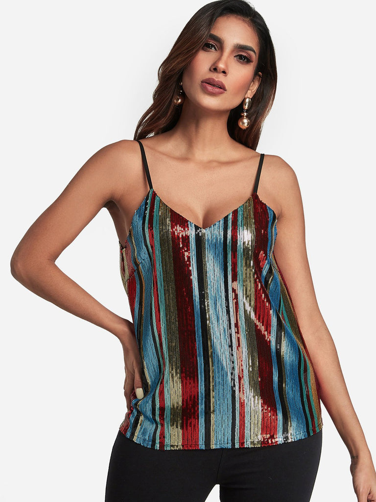 V-Neck Stripe Sequins Embellished Sleeveless Camis