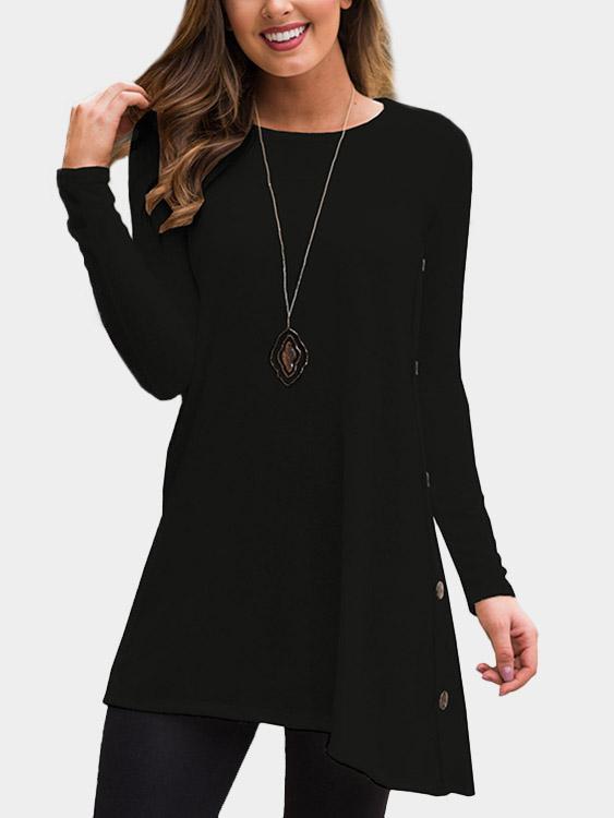 Round Neck Plain Long Sleeve Irregular Hem T-Shirts