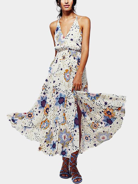 V-Neck Floral Print Backless Sleeveless Maxi Dress