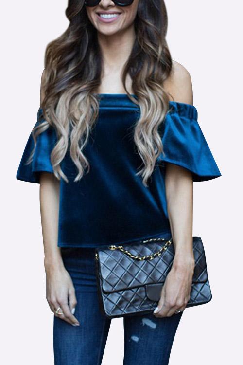 Off The Shoulder Backless Short Sleeve Blue Top