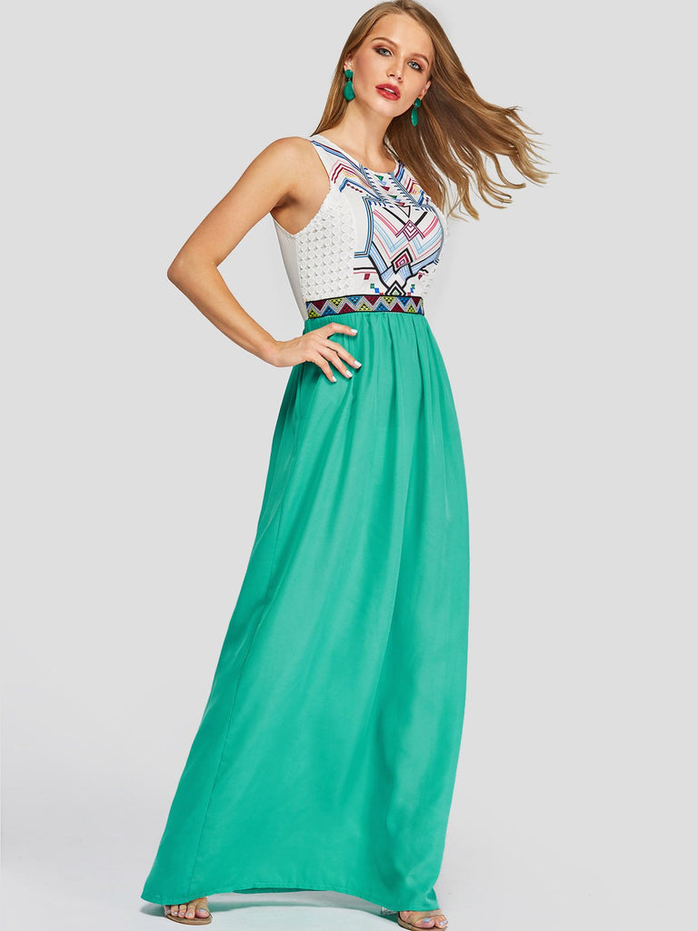 Green Round Neck Printed Casual Dress
