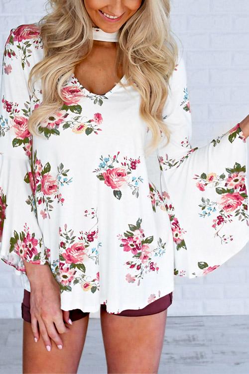 V-Neck Floral Print Long Sleeve White Top