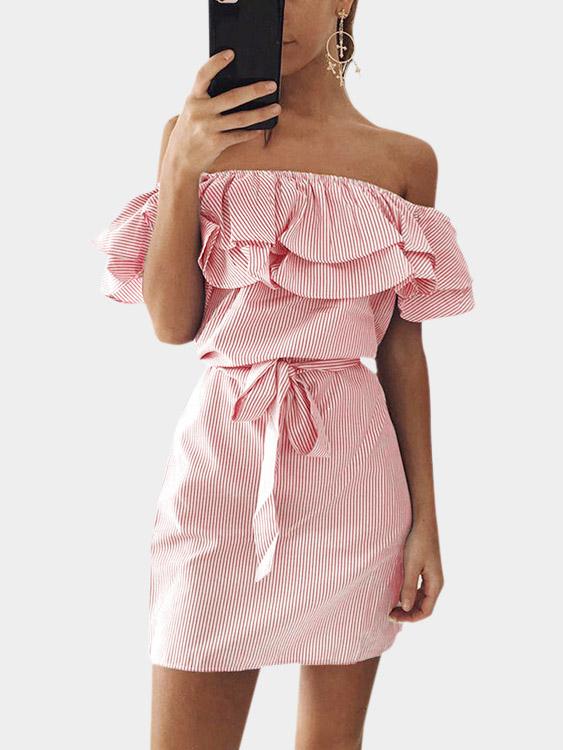 Pink Off The Shoulder Sleeveless Stripe Self-Tie Dresses