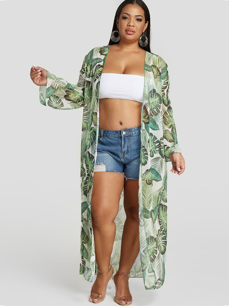 Floral Print Long Sleeve Green Plus Size Tops