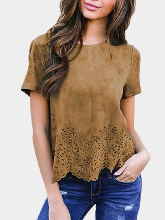 Round Neck Hollow Short Sleeve Irregular Hem T-Shirts