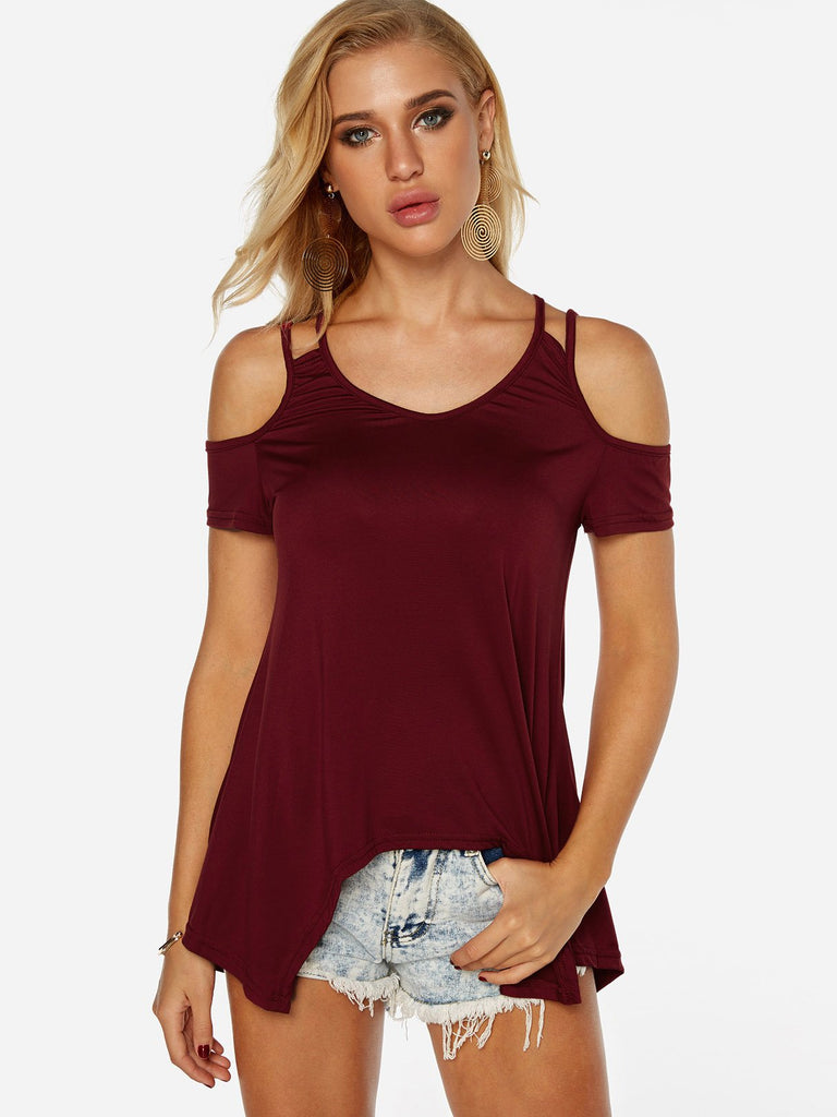 V-Neck Cold Shoulder Plain Cut Out Short Sleeve Irregular Hem Burgundy Top