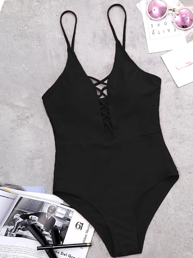 V-Neck Sleeveless Lace-Up One-Pieces