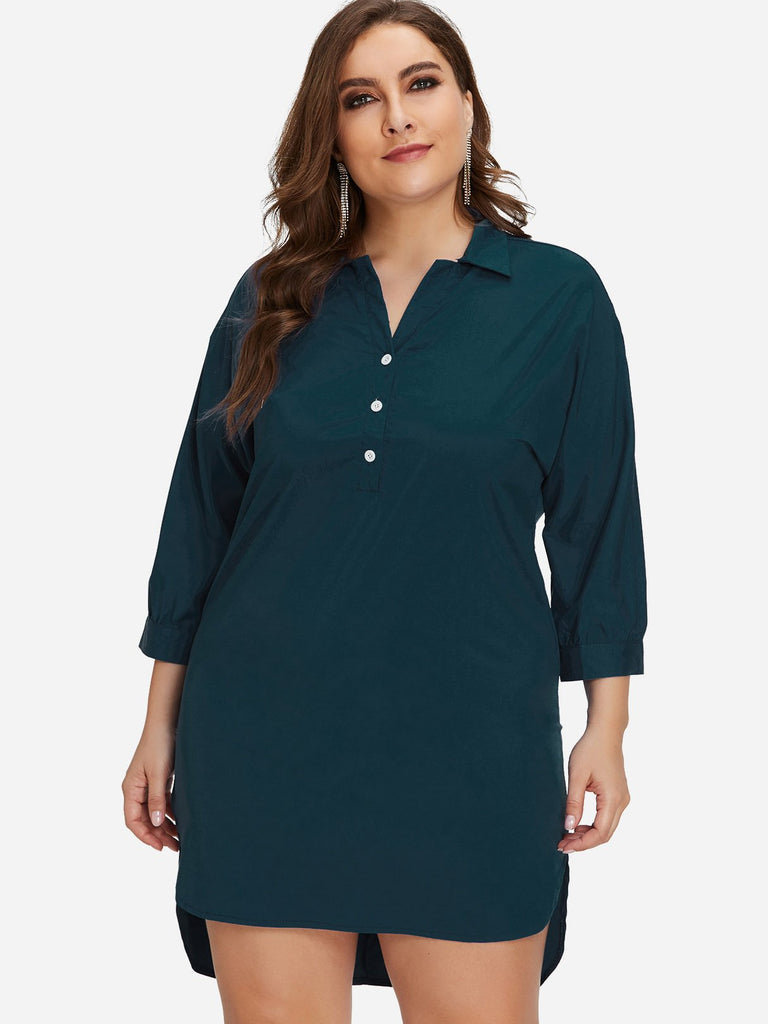 Classic Collar Plain 3/4 Sleeve High-Low Hem Green Plus Size Dress