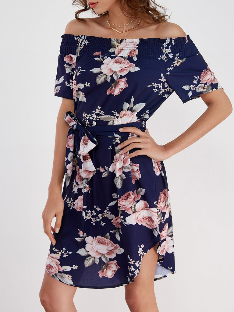 Navy Off The Shoulder Short Sleeve Floral Print Curved Hem Dresses