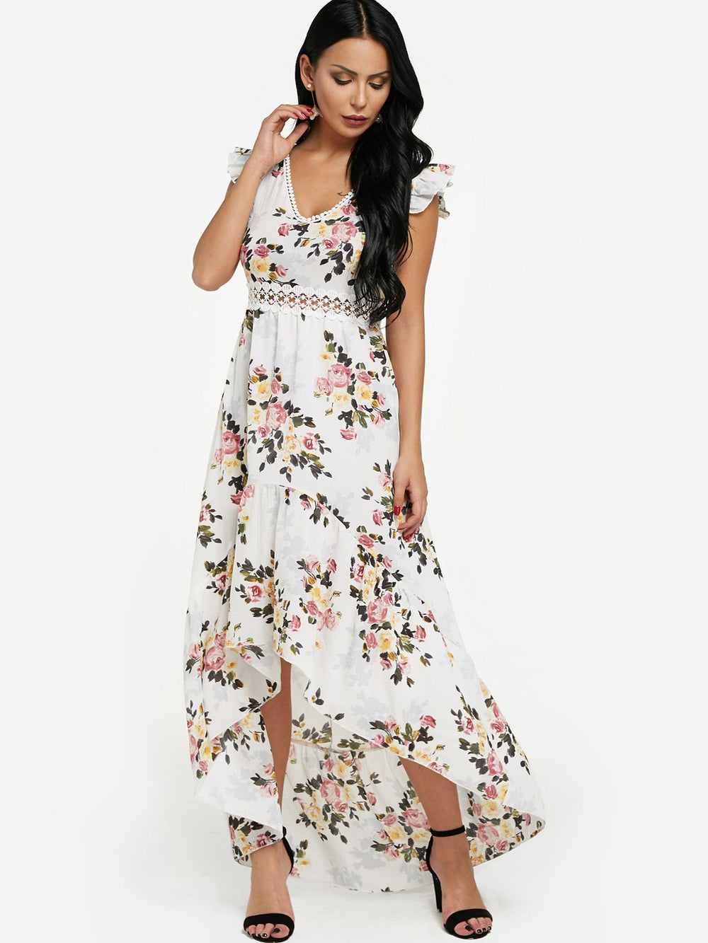 White V-Neck Sleeveless Floral Print Lace Zip Back Partially Lined Flounced Hem Maxi Dress