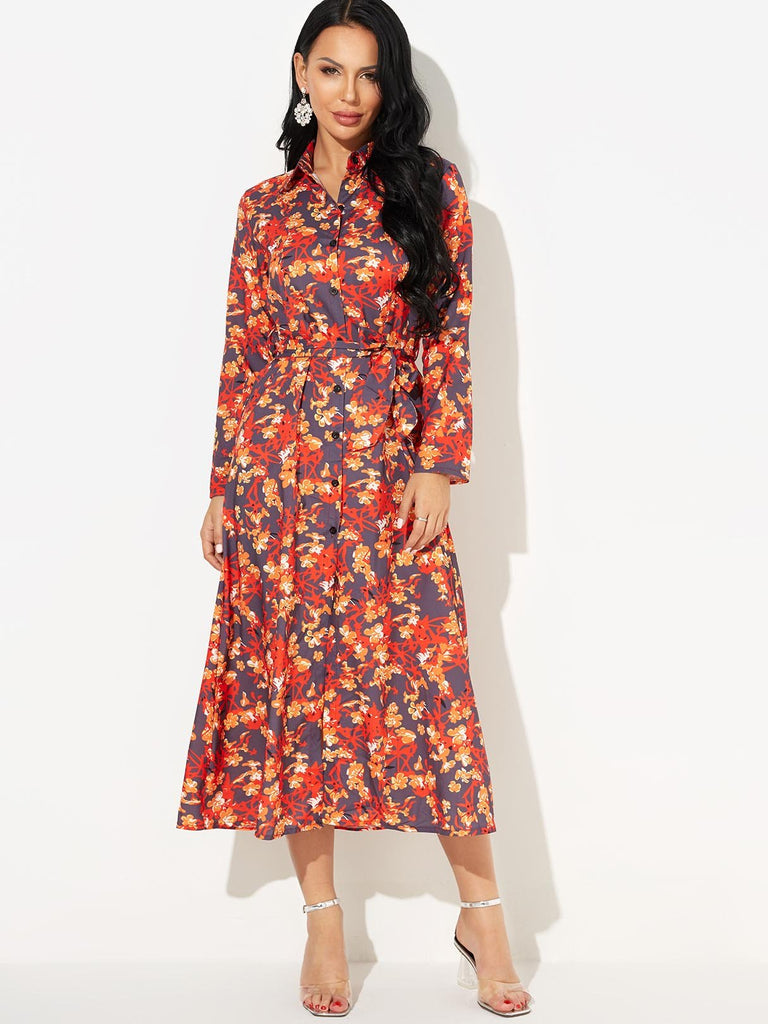 Classic Collar Long Sleeve Floral Print Side Pockets Self-Tie Dresses