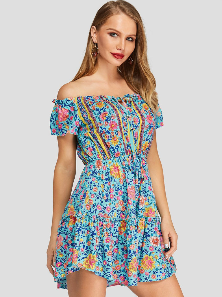 Off The Shoulder Short Sleeve Floral Print Backless Bowknot Dresses