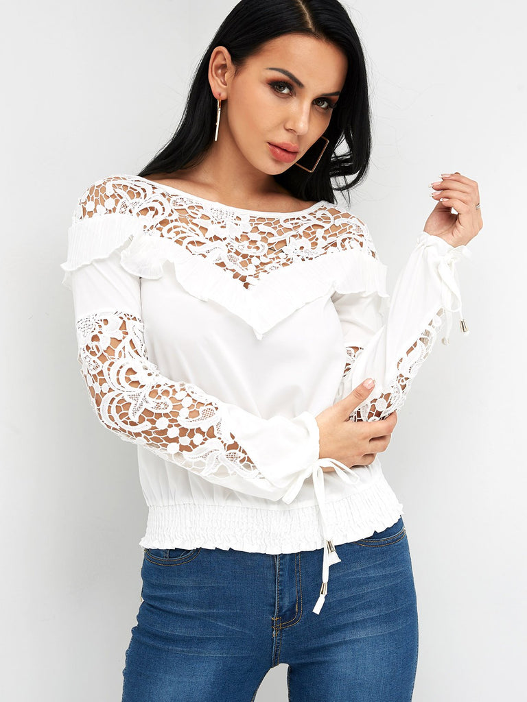 Round Neck Plain Lace Self-Tie Long Sleeve White Blouses