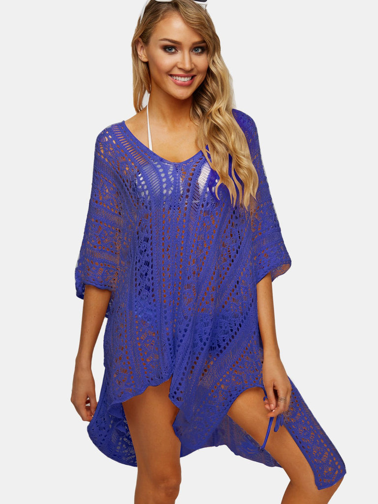 Purple Deep V-Neck Tassel Hollow Lace-Up Slit Hem Beachwear