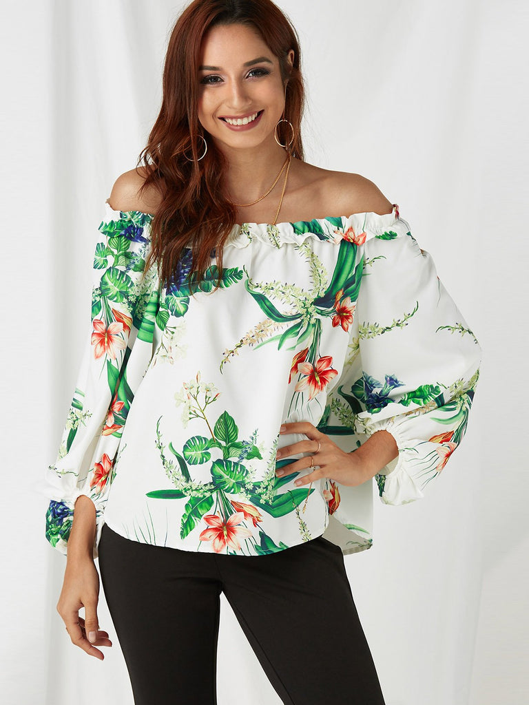 Off The Shoulder Floral Print Long Sleeve Top