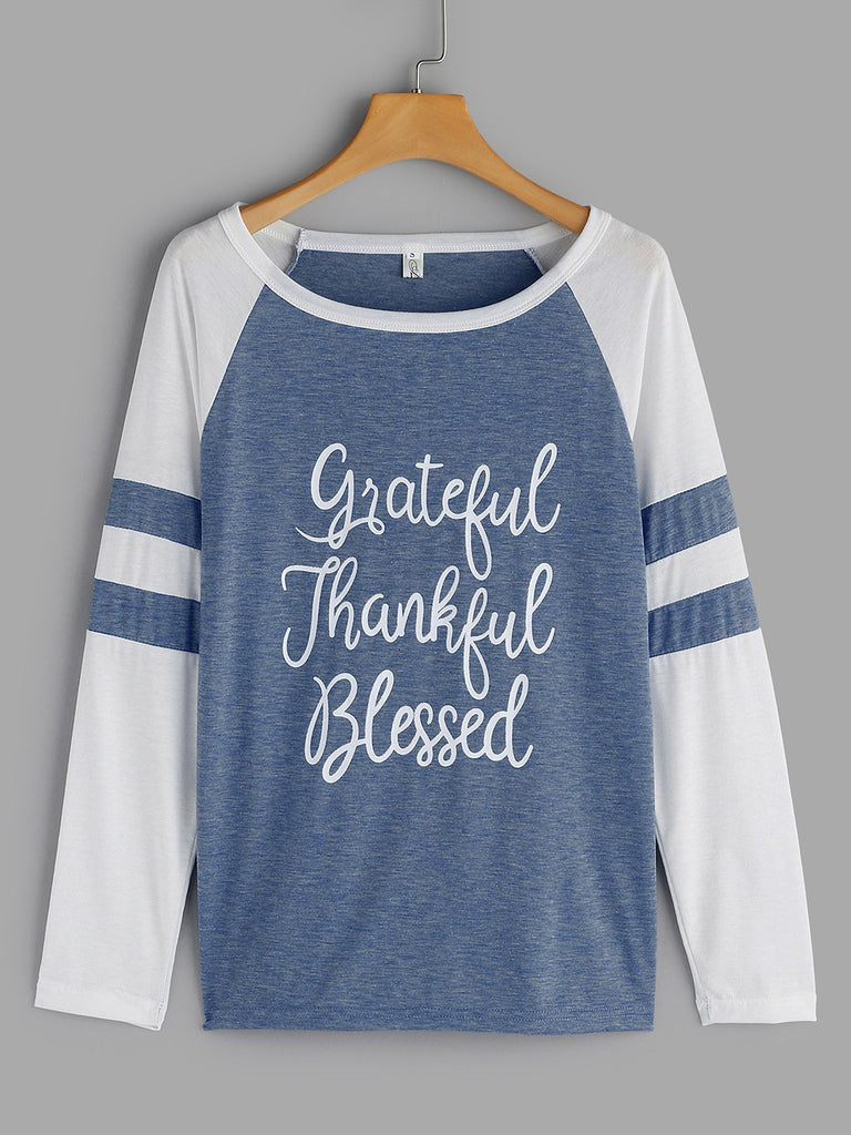 Round Neck Stripe Letter Printed Long Sleeve T-Shirts