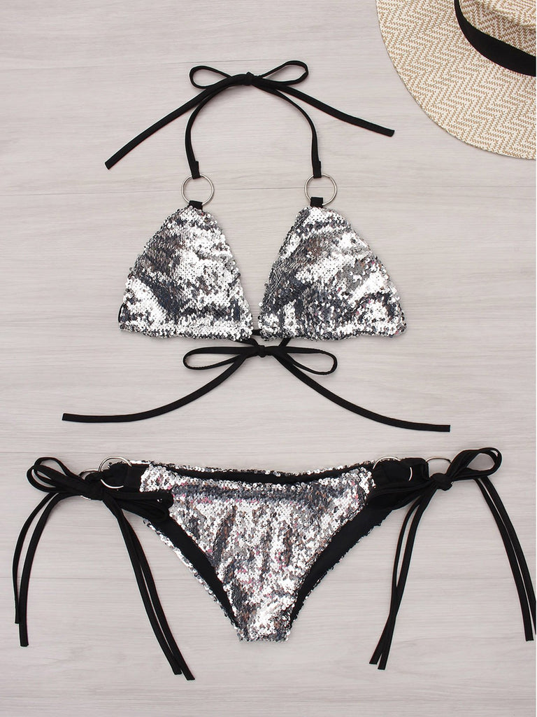 Halter Sleeveless Silver 2 Piece Bikinis