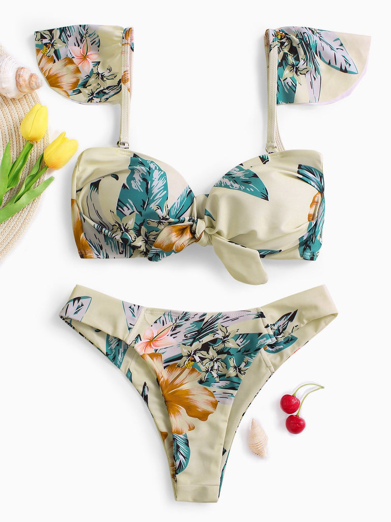 Floral Print Tie-Up Sleeveless Beige Bikinis